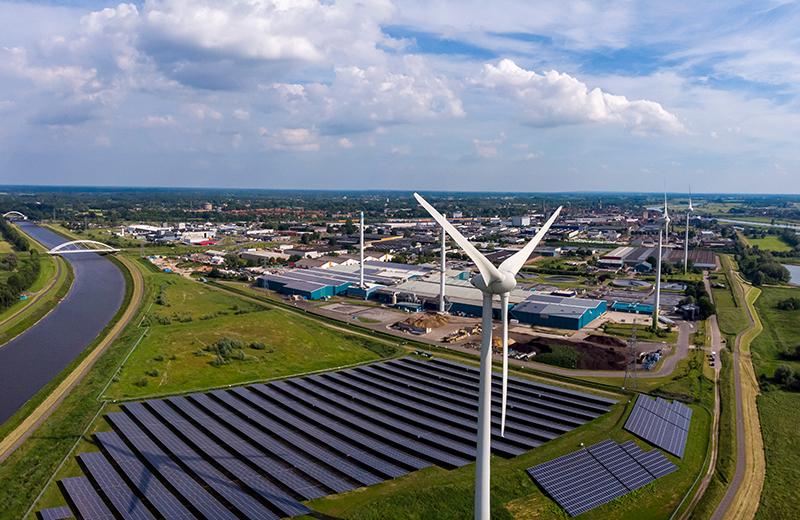 Panorama of wind turbines, water treatment and bio energy facili